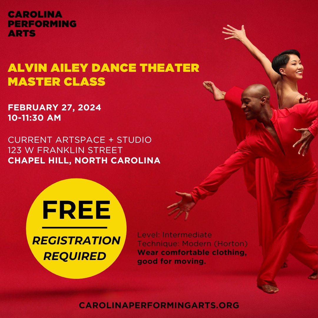 🚨FREE #communityevent open to the public! 🚨 On February 27, grab your favorite dance partners and join us for an exciting Master Class with #AlvinAiley Dance Theater.⭐ Limited spots available, click the link below to register today! bit.ly/3wkVHbp