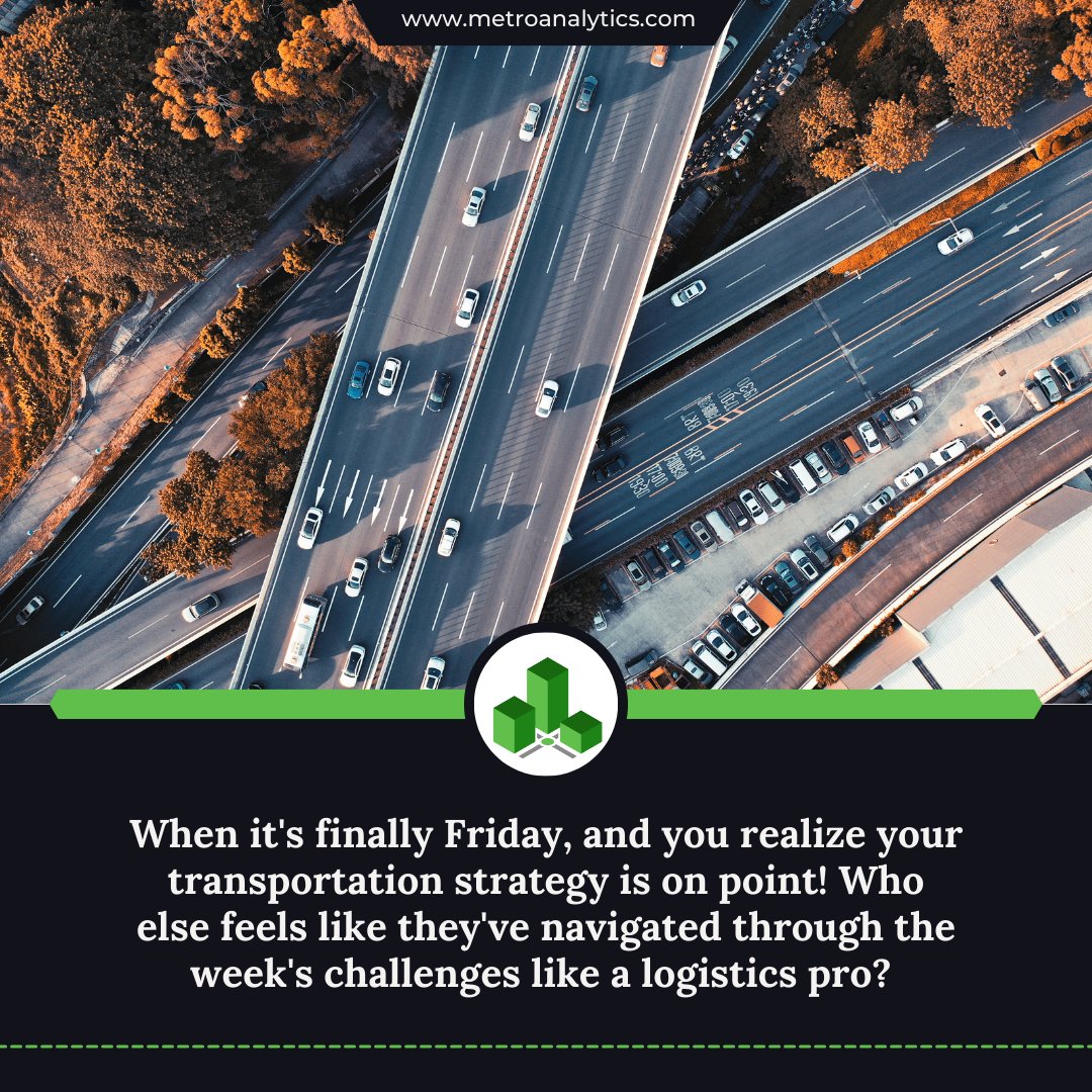 metroanalytics's tweet image. Turning traffic into triumphs - Because at Metro Analytics, we make sure your journey is always on the right route! Happy Friday, Transport Trailblazers! 🌐🎉 #TransportationTriumphs #FridayFeeling #LogisticsLaughs #Metroanalytics