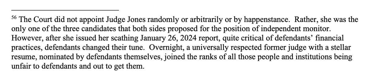 KlasfeldReports's tweet photo. In a footnote, Justice Engoron calls out Trump's legal team for impugning the court-appointed monitor after she released a scathing report about "errors" in the company's disclosures.

They recommended Judge Jones for the job, he notes. #AlwaysReadTheFootnotes https://t.co/s7c79CxavF
