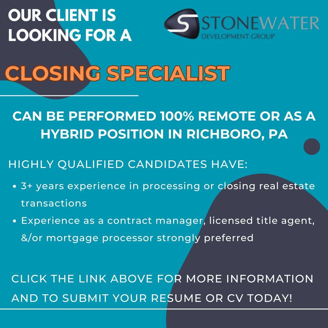 denovohrc's tweet photo. Stonewater Development Group, located in Richboro, PA is seeking a closing specialist. Click the link below for more details and to submit your resume or CV today. 
https://t.co/hteGXkKic7 #careers #hiring #jobsearch https://t.co/GNNhRV4F1J