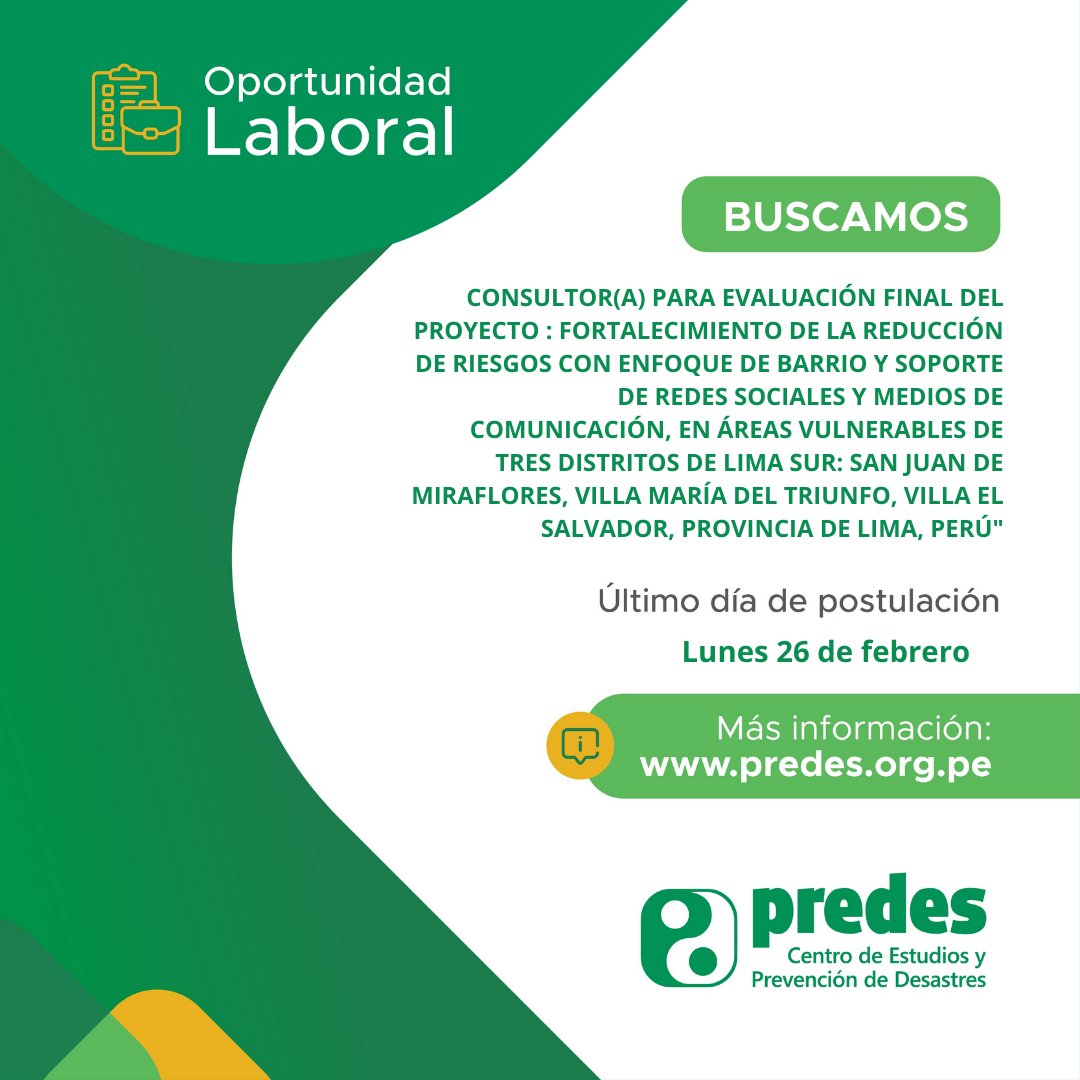 predes_org's tweet photo. 📢 #OportunidadLaboral
Se requiere un consultor(a) para Evaluación final “Fortalecimiento de la reducción de riesgos con enfoque de barrio y soporte de redes sociales y medios de comunicación, en áreas vulnerables de 3 distritos de Lima sur"
Ver más: https://t.co/IlXdN9TCkv https://t.co/0ap0yYH1AP