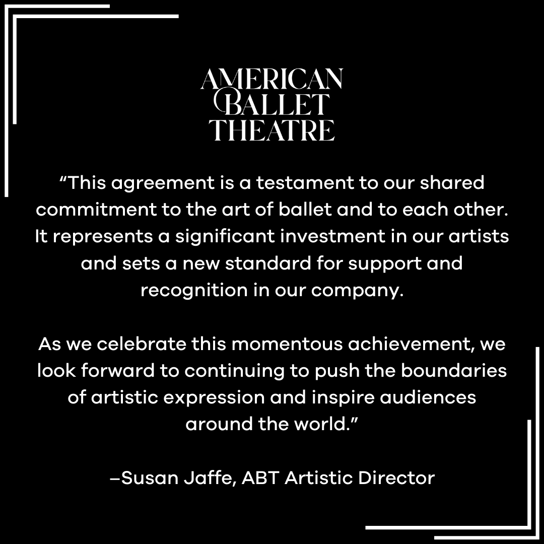 American Ballet Theatre, its artists, and its administration are delighted to announce a tentative agreement with the American Guild of Musical Artists, representative of its artists, indicative of a new chapter in artist support and excellence. #ABT #AmericanBalletTheatre
