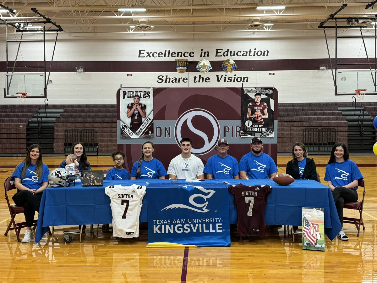 Congratulations @HesseltineColby for signing your NLI today! Big things are ahead for you at TAMUK! Proud of all the hard work and sacrifices you have made for the SINTON PIRATES these last 4 years. Go be great kid and leave your mark on TAMUK! #LosHogs🐗