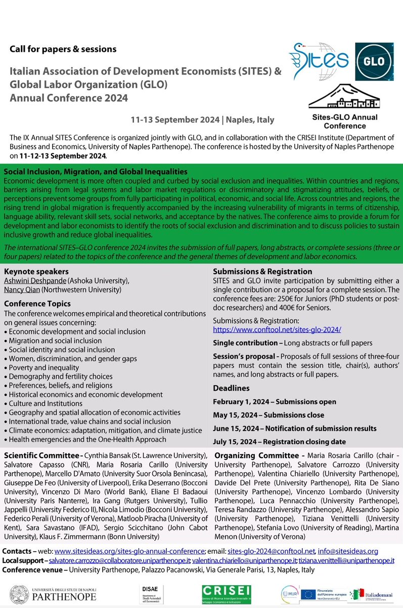 DISAE UniParthenope (@disaeparthenope) on Twitter photo Call for papers SITES-GLO📢 Annual Conference #SITES organized jointly with the #GLO network - 11-13 Sept 2024 📍Naples
⏰#Deadlines 15 May2024
<a href="/Sites_DevEcon/">Italian Association of Development Economists</a> #DISAE #CRISEI #EconTwitter Call for papers SITES-GLO📢 Annual Conference #SITES organized jointly with the #GLO network - 11-13 Sept 2024 📍Naples
⏰#Deadlines 15 May2024
<a href="/Sites_DevEcon/">Italian Association of Development Economists</a> #DISAE #CRISEI #EconTwitter