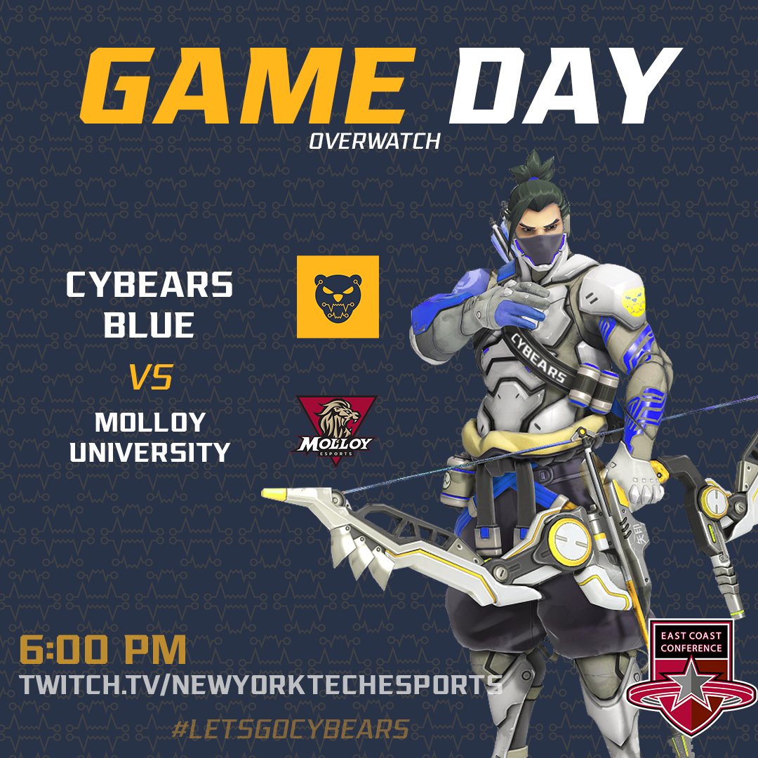 New York Tech Cybears (@nyit_esports) on Twitter photo Tonight at 6pm Cybears Blue takes on <a href="/MolloyEsports/">Molloy Esports</a> in some <a href="/ECCSports/">East Coast Conference</a> action.
twitch.tv/newyorktechesp…
#LETSGOCYBEARS Tonight at 6pm Cybears Blue takes on <a href="/MolloyEsports/">Molloy Esports</a> in some <a href="/ECCSports/">East Coast Conference</a> action.
twitch.tv/newyorktechesp…
#LETSGOCYBEARS