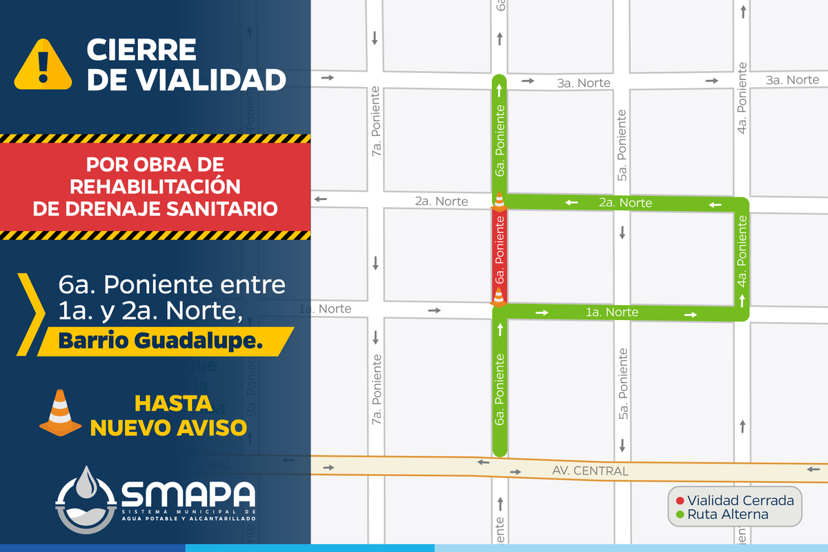 TuxtlaSMAPA's tweet photo. 🚧 Atento aviso 🚧

Por trabajos de obra de rehabilitación de drenaje sanitario, la 6a. Poniente entre 1a. y 2a. Norte, Barrio Guadalupe, se mantiene cerrada al tránsito vehicular.
Exhortamos a los automovilistas a tomar sus precauciones y a utilizar rutas alternas. https://t.co/xzCL9qRxMn