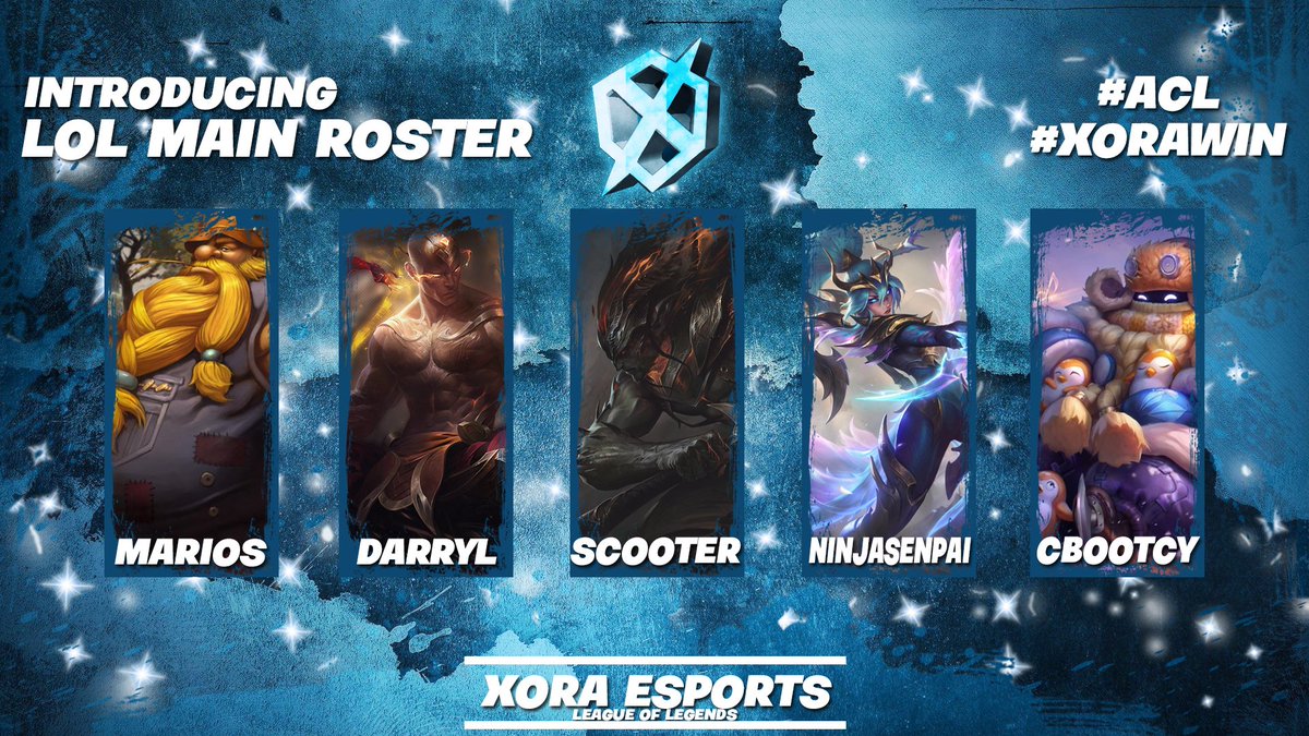 We would like to announce our League of Legends ACL Roster! #XoraWIN #AegisLOL <a href="/AegisEsportsGG/">Aegis Esports</a> 

Players:
Top: <a href="/LoL_Marios/">Marios</a>
Jg: <a href="/dairy_eye/">黄永良</a>
Mid: <a href="/IamscootsLoL/">Scooter</a>
Adc: <a href="/NinjaSenpaiLoL/">Justin</a>
Supp: <a href="/HomelessHarison/">Bootsea</a> 

Staff:
Coach: <a href="/Seanatonin_/">Seanatonin</a> 
Manager: <a href="/tambeis/">tammy</a> 
Analysis: <a href="/PatchMedia/">Patch</a>