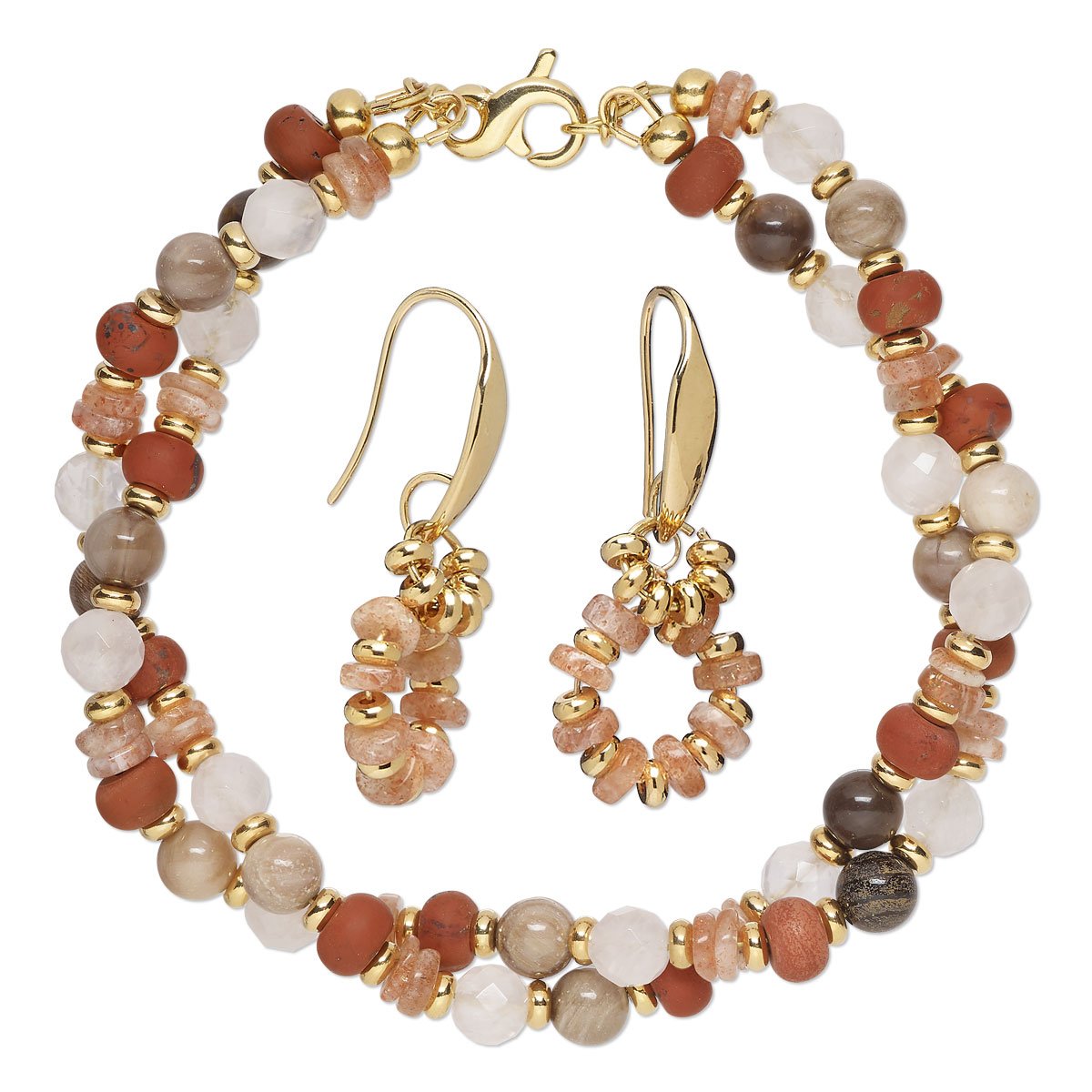 The earthy tones of red jasper, sunstone, petrified wood and rose quartz give this #bracelet and #earring set a sophisticated yet laid-back vibe. bit.ly/49HfXT7