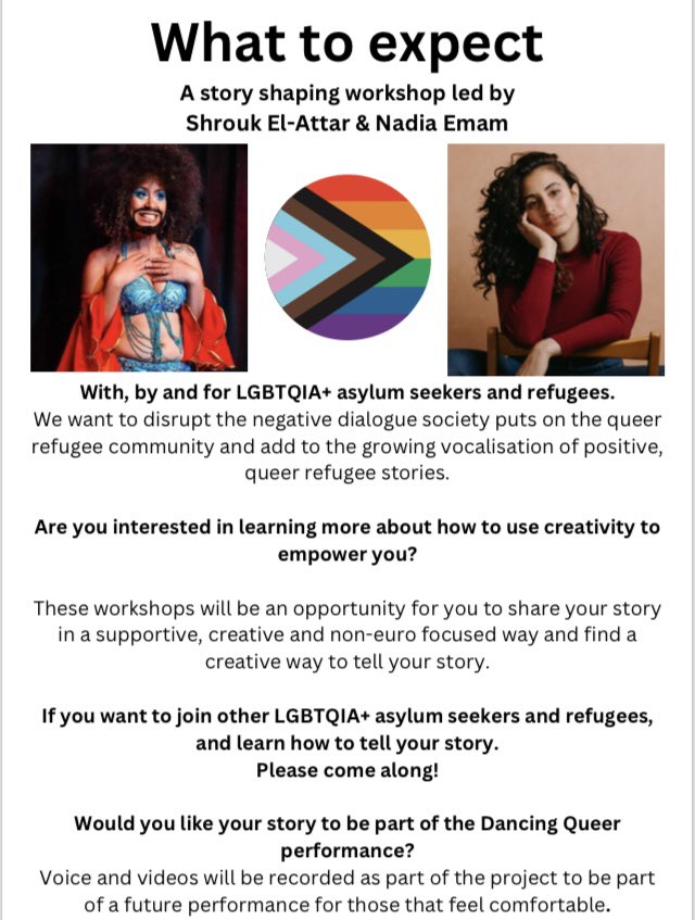 Pls RT: We are excited for @ShroukELA and Nadia Eman story telling workshop about highlighting the stories of queer asylum seekers and refugees for our Glitter attendees this Saturday (17th Feb). DM us if you want more info and would like to attend ❤️🏳️‍⚧️🌈