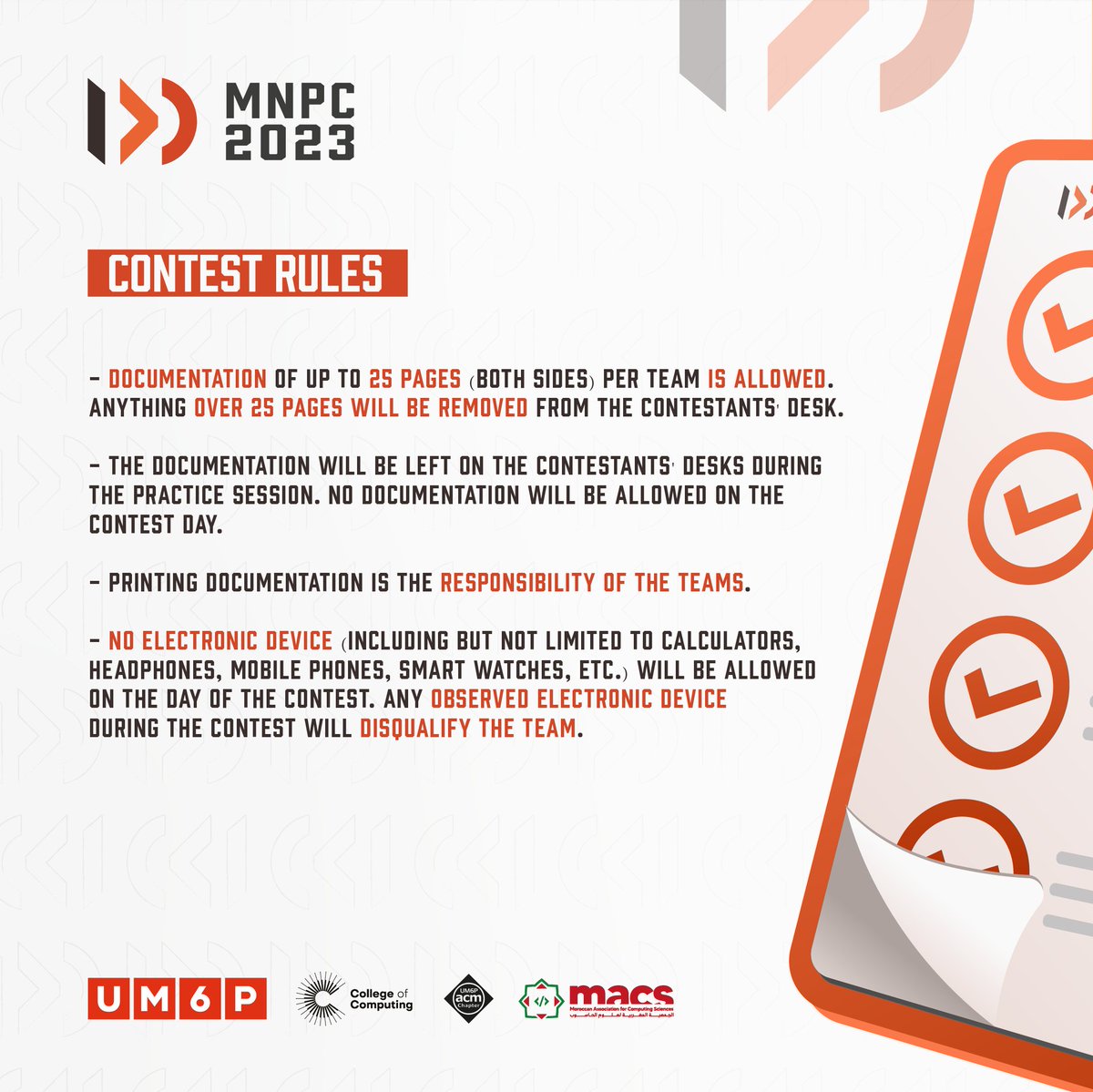 Dear everyone,
We are delighted to share the eight rules to prepare for the Ultimate Challenge! 
 Here are the rules to follow:

• Documentation of up to 25 pages (both sides) per team is allowed. Anything over 25 pages will be removed from the contestants' desk.
( 1/3)