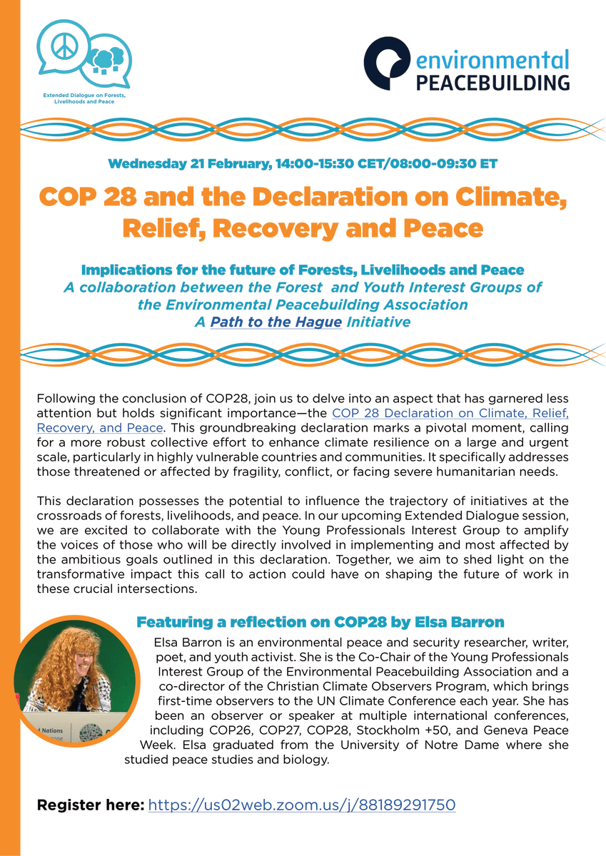 There's still time to register! On 21 Feb, the Forest and Youth Interest Groups will co-host an event on 'Declaration on Climate, Relief, Recovery and Peace' that will feature a reflection from the Youth Interest Group's Elsa Barron. Register here: bit.ly/ForestsCop28