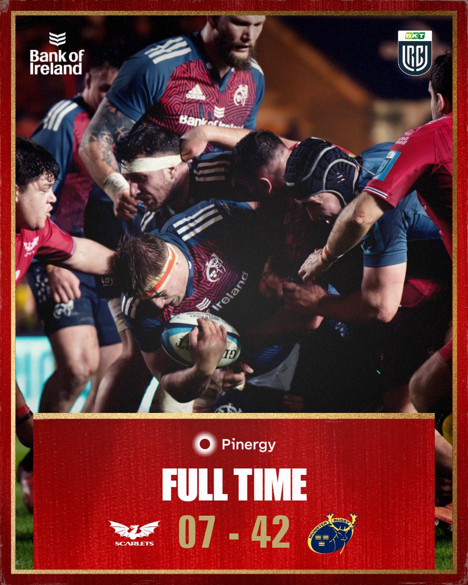 FULL TIME: Scarlets 7-42 Munster

A vital BP #URC win in Wales with Gavin Coombes (two), Jack O'Sullivan, Tom Ahern, Seán O'Brien &amp; Shay McCarthy touching down.

Joey Carbery was perfect off the tee as we move into the play-off places.

#SCAvMUN #SUAF 🔴