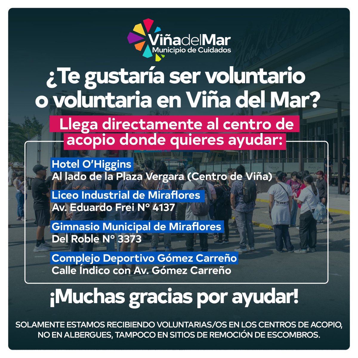 ⚠️ATENCIÓN | Hacemos un llamado a voluntarias y voluntarios a llegar a apoyar directamente a los centros de acopio. Su presencia y esfuerzo serán invaluables para nuestra comunidad.

Muchas gracias a todas y todos 💛💙

#ViñadelMar
