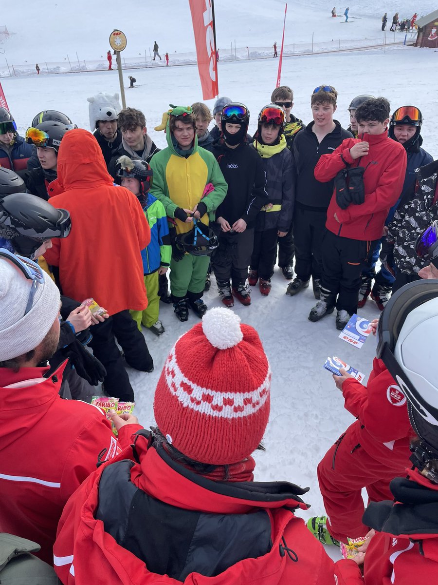 Presentation of skiing proficiency certificates by our instructors from the École de Ski Français at the end of a wonderful week. Following a fish and chip supper we had a presentation evening of awards to students by staff in our hotel with some creative award categories.