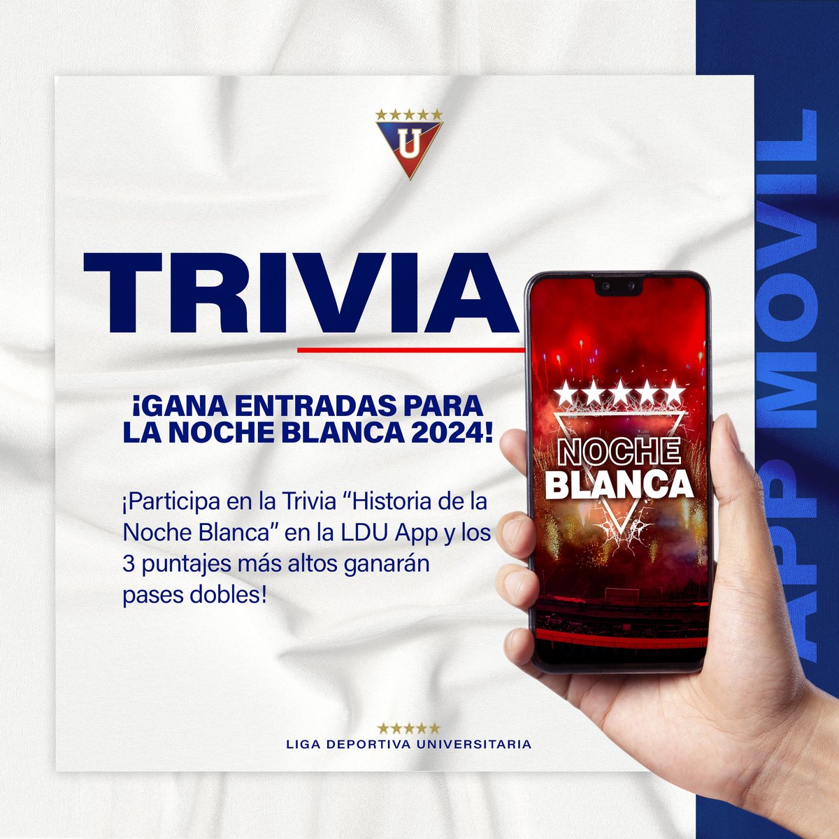 LDU_Oficial's tweet photo. 🚨 ¡Gana entradas para la #NocheBlanca 2024!
Participa en el Quiz “Historia de la Noche Blanca” en la #LDUApp y los 3 mejores puntajes hasta este sábado a las 12h00 ganarán pases dobles para la gran fiesta alba.
Descarga la #LDUApp aquí:
📲 https://t.co/eEO4suPaQ4 https://t.co/HwWlCrKW5r