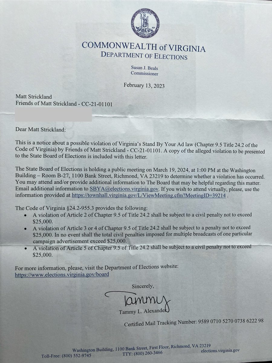MattForVA's tweet photo. Check this bs out folks… The government is extorting me for $75k more.

First, they fined me six figures for not following Covid mandates at my restaurant. It also cost me six figures to fight.

I won.

I then ran for state senate after revealing the corruption in the Republican Party.

I called out every Republican in Virginia for their corruption as I campaigned - including Glenn Younkin @GovernorVA.

I called them out for speaking out against covid mandates on the campaign trail, then when they won, continuing to prosecute me for not following those mandates.

Youngkin and the rest of the establishment threw over $1M in my opponent’s campaign to spread lies about me saying I was in favor of transgender bs in schools.

Straight lies - but it worked - I lost.

My supporters saw the corrupt campaign of my opponent full of lies and lobbyist money.

They said they could not support the corruption and won’t vote for my opponent in the general, so they started a write-in campaign for me.

Knowing the establishment would pull some bs like this - I didn’t put up one sign myself, handout any sample ballots, or participate in the write-in campaign.

Republicans in VA just introduced a bill because of it that says if you ran in a primary and lost, people are not allowed to write your name in for the general.

I repeat, REPUBLICANS are doing this.

Now, I just received this letter saying because citizens who are protected under the 1st Amendment posted signs to write me in, I’m being fined $75k.

They won’t stop… but, neither will I.