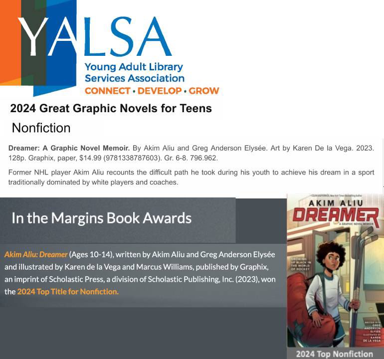 😳 Just won two awards for DREAMER!! An Young Adult Library Services Association (YALSA) Award & an In the Margins (ITM) Book Award, both for Best Non-Fiction!! Dreamer team, we raking them up!! #winning @Dreamer_Aliu78 @karendelavegart