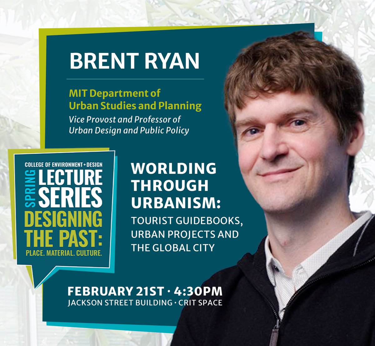 Join us next Wednesday, February 21 for the first lecture of our Spring 2024 Lecture Series! We will be hosting Brent Ryan, vice provost and professor of urban design and public policy at MIT. Ryan will be discussing tourist guidebooks, urban projects and the global city.