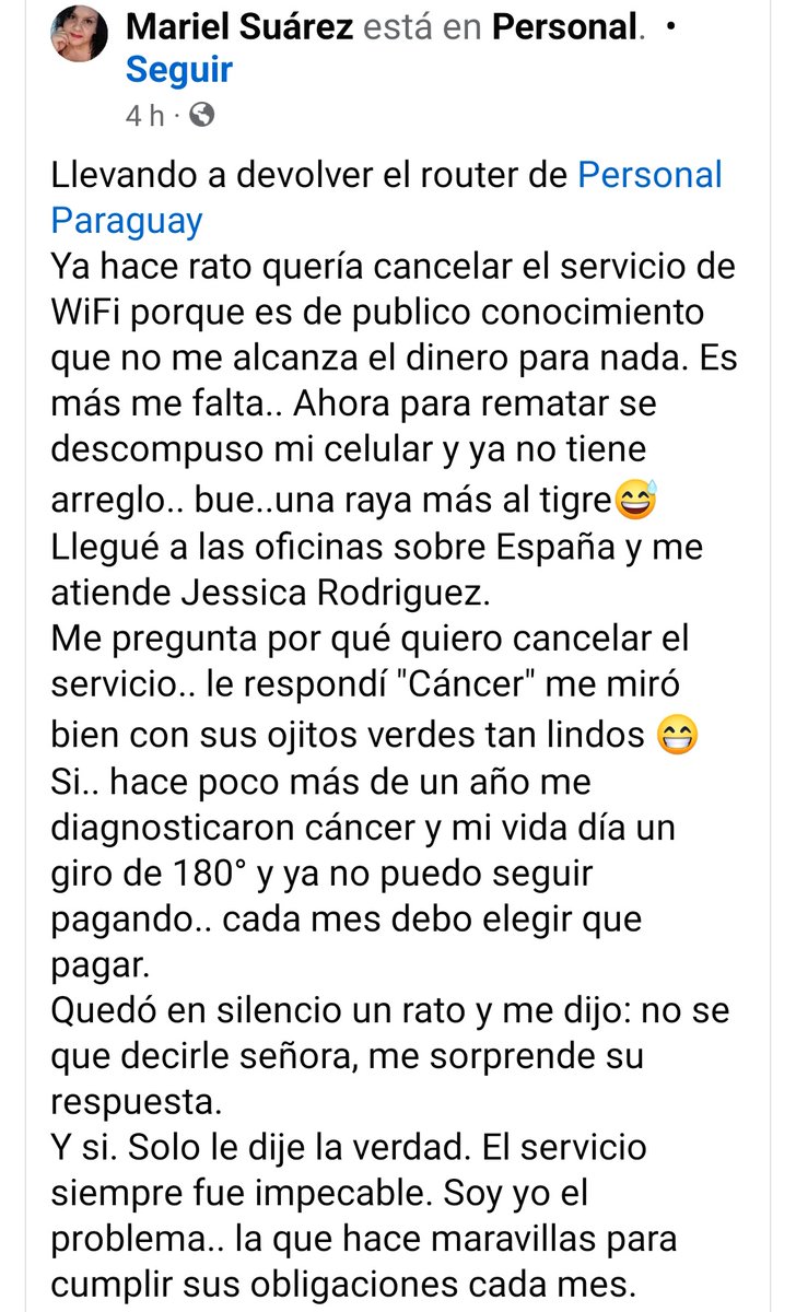 Migrava09's tweet photo. No estoy llorando 😭😭😭

La señora cuenta que fue a personal para dar de baja su internet, ya no puede pagar porque hace 1 año lucha contra el cáncer.
La que le atiende le pide que lo lleve de nueve, que tendrá 9 meses sin costo.

😭😭😭
Aún existe esperanza
Gracias @personalpy https://t.co/oDT7zi2Bjb