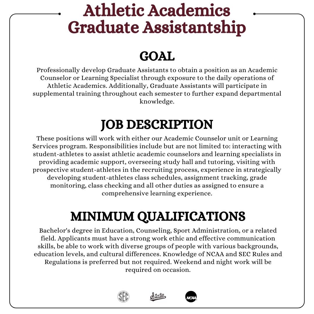 Calling all new, eager professionals who have a passion for both high education and sport: Graduate Assistant Applications are now live!

• 100% tuition waver
• Books covered
• Diverse experience that prepares you for a future in collegiate athletics

Apply today!

#hailstate