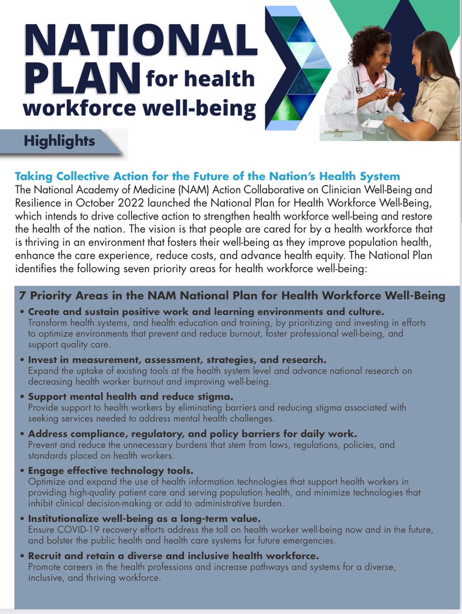 NEWS! National Plan for Health Workforce Well-Being, intends to drive collective action to strengthen health workforce well-being and restore the health of the nation. nam.edu/initiatives/cl…