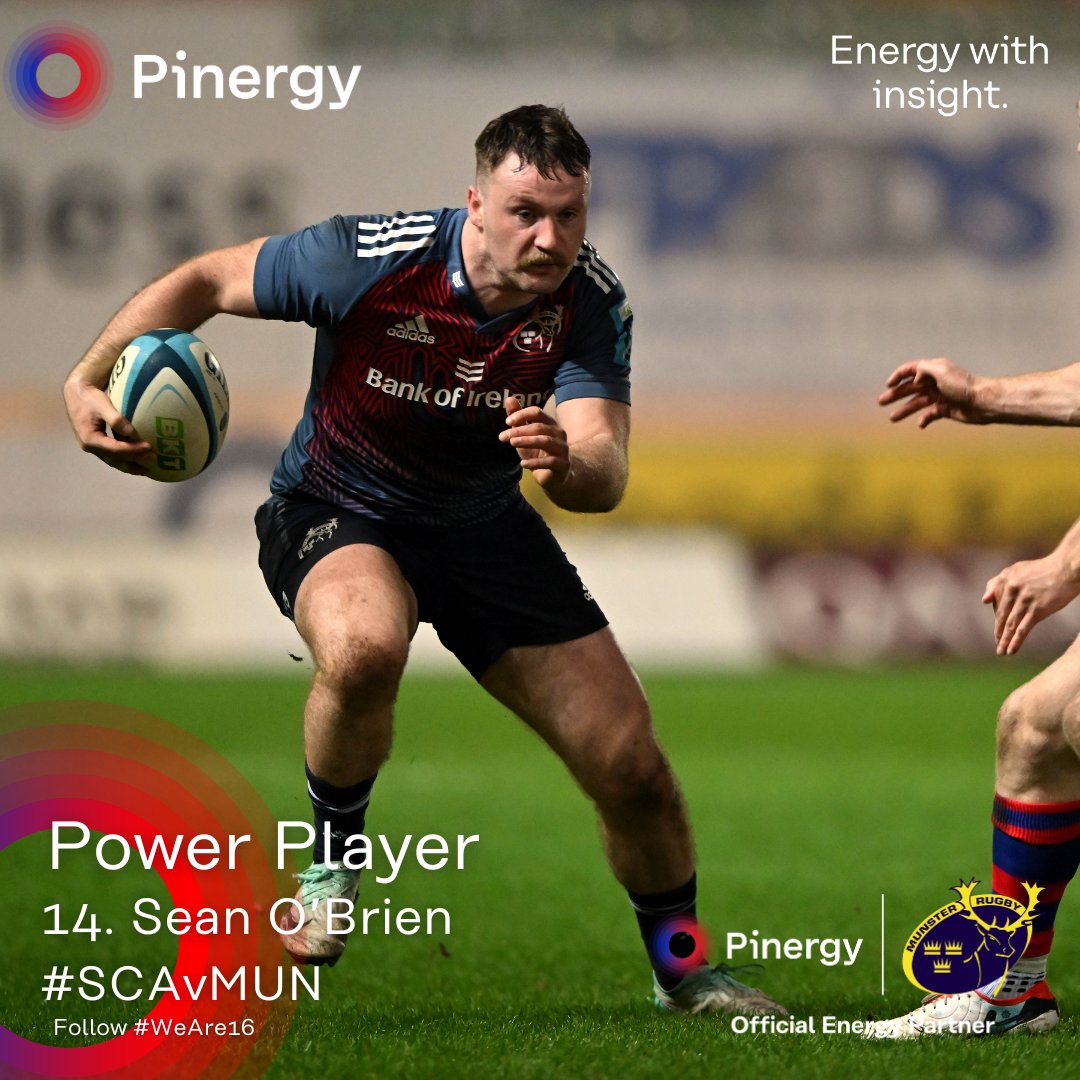 Pinergy's tweet photo. Sean OโBrien is the Pinergy Power Player in Munster's emphatic 42-7 win away at Scarlets.
He topped the stats for metres gained (100) from 9 carries, and added a 72nd-minute try to cap off the performance.
#SCAvMUN #SUAF๐ด #WeAre16 #PoweringTheDifference #SUAF https://t.co/DLnGTdNOXe