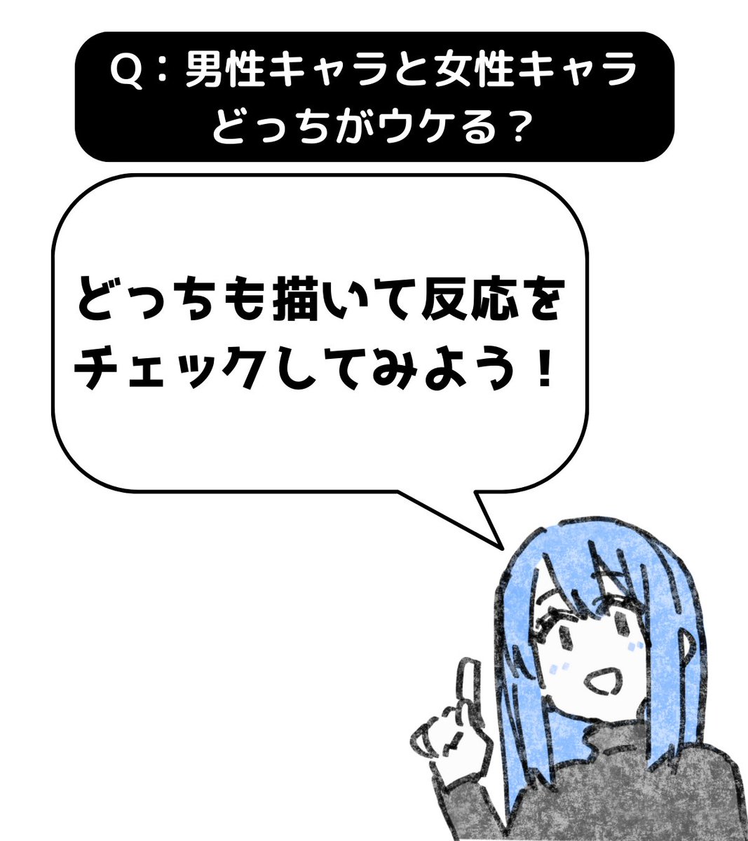 男性キャラも女性キャラも描いて反応をチェックしてみて下さい。
「一般的には女性キャラが人気」だとしても、あなたの場合がそうであるとは断定できません。
・男性キャラが人気
・女性キャラが人気
・男女どちらも人気
・男女どちらもダメ
4つのパターンが考えられます。…