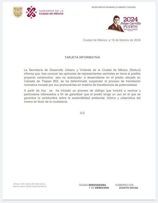 Gracias a la preocupación del Jefe de Gobierno y del nuevo Secretario de @seduviCDMX, <a href="/IntiMunoz/">Inti Muñoz</a>; se ha escuchado a los vecinos colindantes a la zona y se ha suspendido la transferencia de potencialidad. 
Gracias a <a href="/pagolamx/">𝙋𝙖𝙜𝙤𝙡𝙖 𝘾𝘿𝙈𝙓</a> por gestionar las mesas de diálogo con los vecinos.
