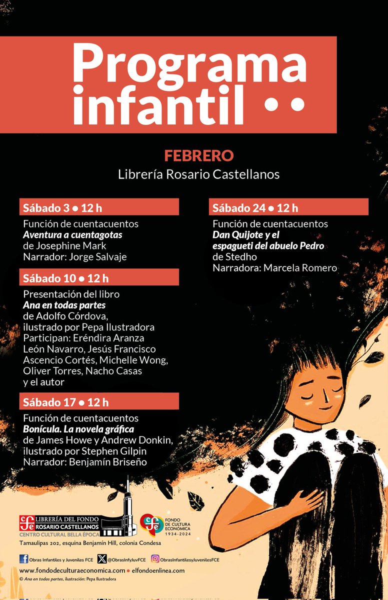 FCEMexico's tweet photo. Recuerda que todos los sábados al mediodía tenemos funciones de #cuentacuentos en nuestras librerías #OctavioPaz y #RosarioCastellanos.
Mañana @nachocasas7 y #BenjamínBriseño narrarán "Bonícula. La novela gráfica" de #JamesHowe y #AndrewDonkin.
¡No faltes!

@FCEBellaEpoca https://t.co/v98fB8gJw3