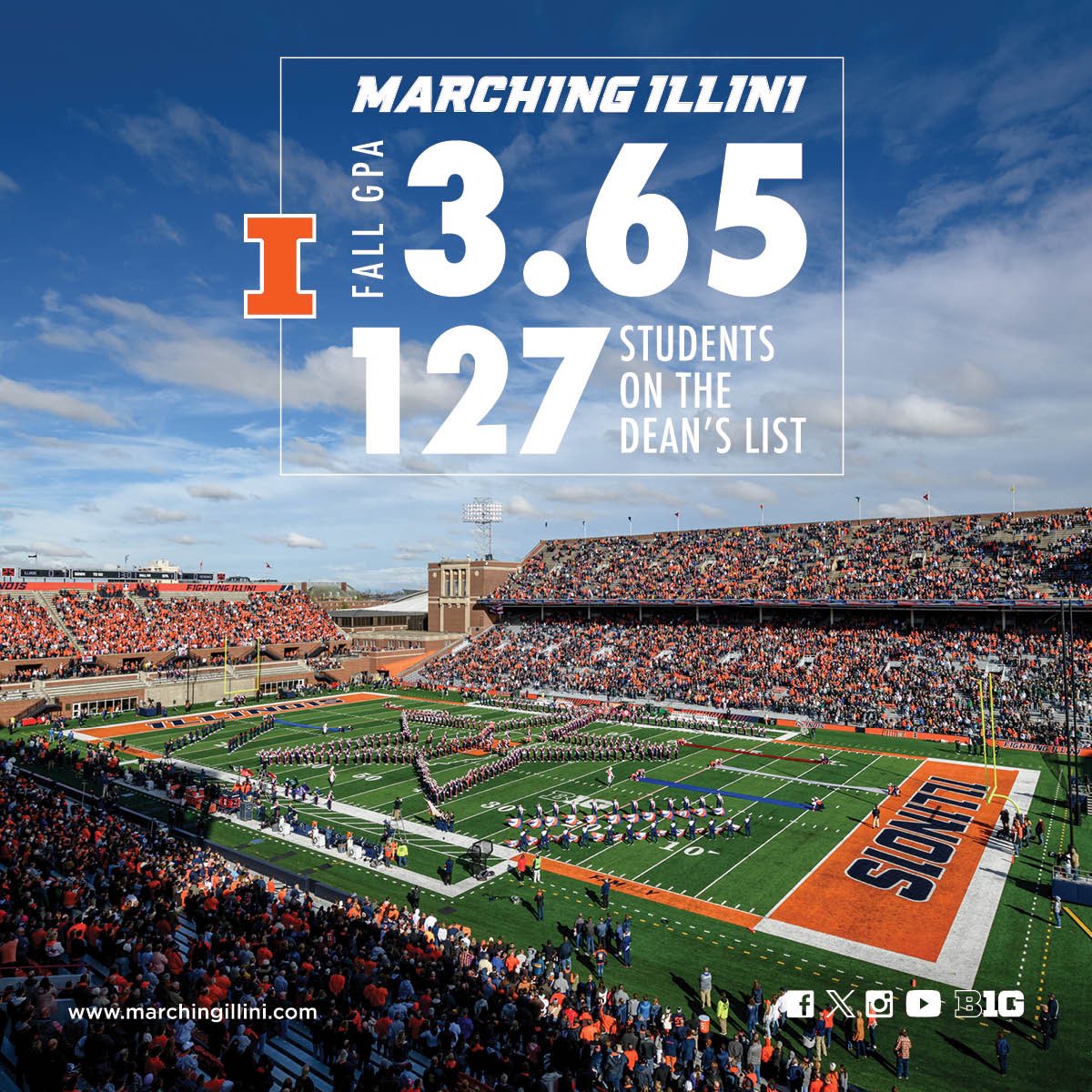 🎺📚Move over, Einstein! With an average GPA of 3.65 and 127 members on the Dean’s List, they’re basically the Einsteins of halftime shows! Who knew you could march to the beat of straight A’s? Keep hitting those notes & grades, Marching Illini! #brainsandband #illini 🔶🔷💯