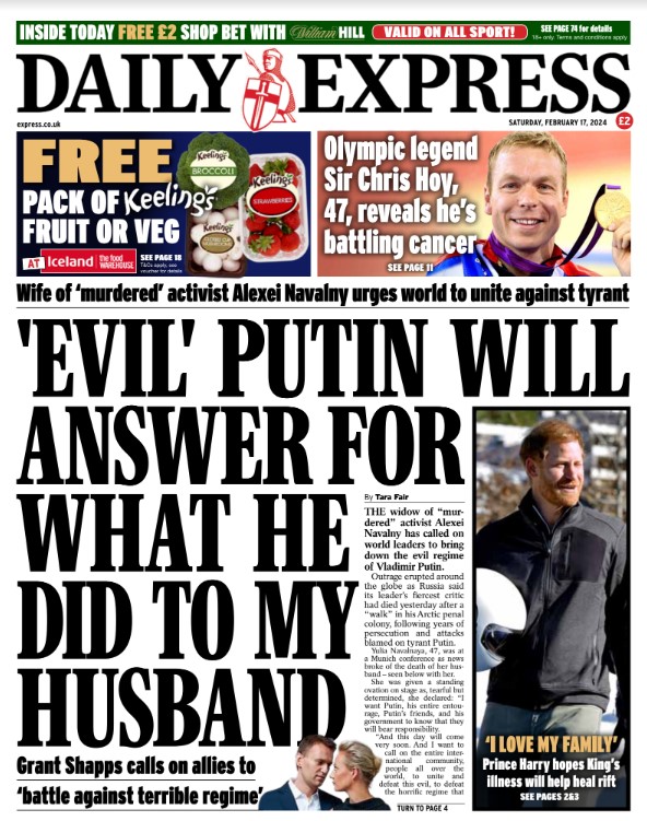 Saturday's front page: 'Evil' Putin will answer for what he did to my husband