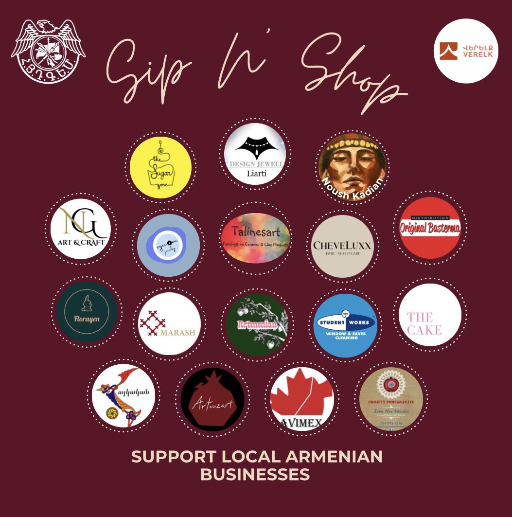 AYFLSPA's tweet photo. After much anticipation, we are proud to reveal the 17 Armenian-owned businesses that will be participating in our Sip N’ Shop event! 

Make sure to pass by on Saturday February 24, from 11am to 5pm to discover what these entrepreneurs have to offer! https://t.co/ulO1PcuzvX