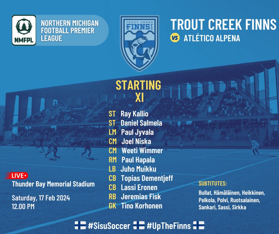 TroutCreekFinns's tweet photo. 🇫🇮⚽️ MATCHDAY 27 ⚽️🇫🇮
We continue our fight to get in the playoff positions with a showdown against @AtleticoAlpena!
⚒️ vs 🇫🇮
Coach Kallio shakes up the front line by giving Salmela a place in the XI with Niska slotting in behind him.
#ALPTCF / #SisuSoccer / #UpTheFinns https://t.co/8B9NRpECAP