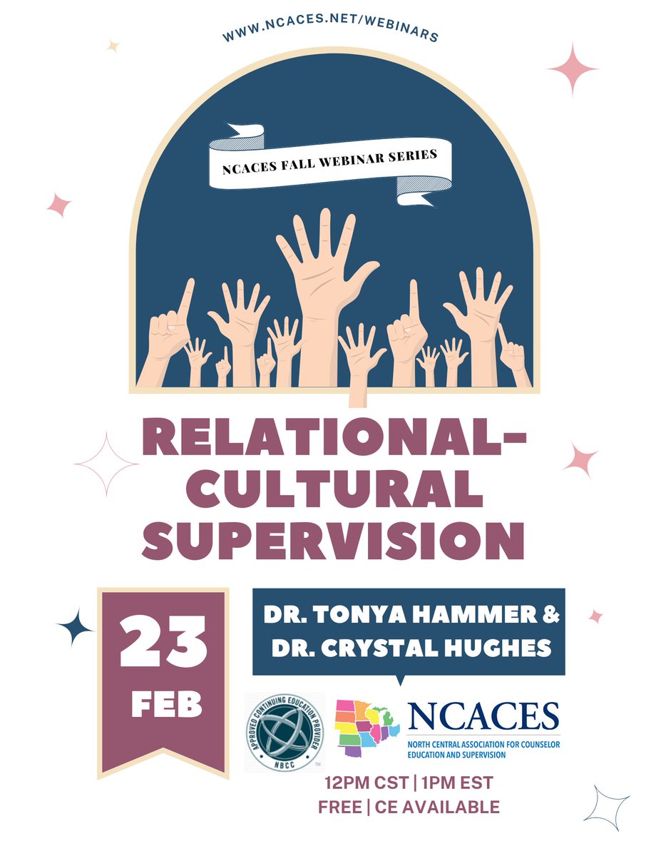 ✨Presidential Webinar: Relational-Cultural Supervision 

🗓Friday, February 23rd, 2024 | 12pm CT / 1pm ET
 
🔗Register: us02web.zoom.us/meeting/regist…

#CounselorEd #CounselorEducation #NCACES
