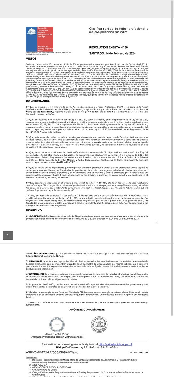 gonzalo_quiroz's tweet photo. Aquí la resolución exenta número 80, que se emitió el miércoles 14 de febrero tras la reunión del martes con todos los actores involucrados, en donde SÍ se autorizaba el partido. Horas después, todo cambió. @ESPNChile https://t.co/B3fRLzwN0w