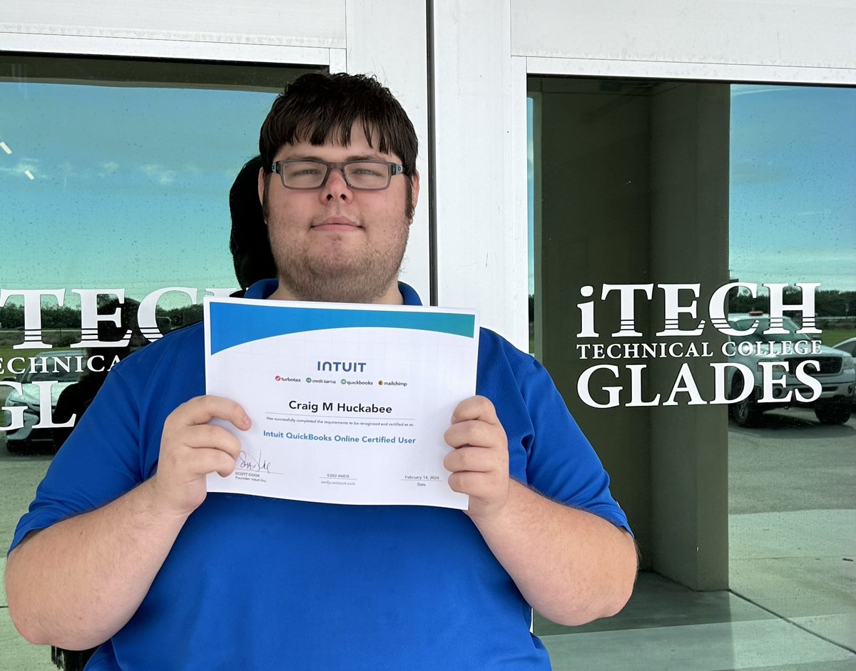 iTech_Glades's tweet photo. Congratulations to Craig Huckabee for earning his Intuit QuickBooks Online Certification! We are proud of you!!🤩 #itechglades https://t.co/1lP0vqLyFa