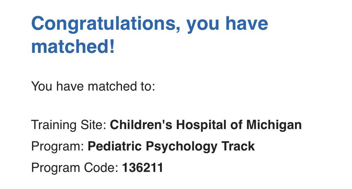 Thrilled to announce I matched! I am returning to the midwest for internship at Children's Hospital of Michigan! I am excited to continue on my journey towards becoming a pediatric psychologist! #APPIC #PedsPsych #APPICMatch #MatchDay