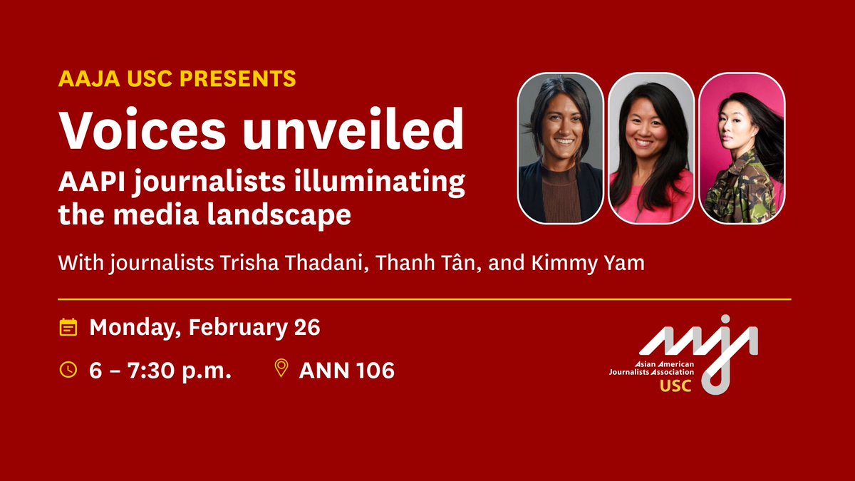 Celebrate Asian representation in media with @aajausc on Monday, Feb. 26! Hear from inspiring storytellers Kimmy Yam (@kimmythepooh), Thanh Tân and Trisha Thadani (@TrishaThadani) about their experiences and work. RSVP: annenberg.usc.edu/events/annenbe…