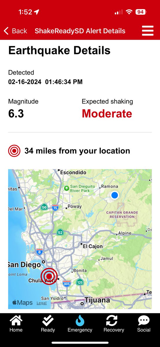 SpaceKyd's tweet photo. Just got a massive earthquake alert for San Diego but haven’t felt a thing…? What?!?! #SanDiegoQuake #ShakeAlertSD https://t.co/dI4cUFPxHa