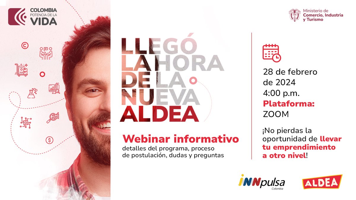 InnpulsaCol's tweet photo. Participa en nuestro webinar informativo y conoce todos los detalles del programa #ALDEA. Tú podrías ser uno de los 320 #emprendedores seleccionados para crecer aceleradamente. 📊

🗓️ 28 de febrero
🕛 4:00 p.m
💻 Inscríbete aquí: https://t.co/vDyO5fXFoC

@hernanceballosg https://t.co/OJ8YvlbGC4