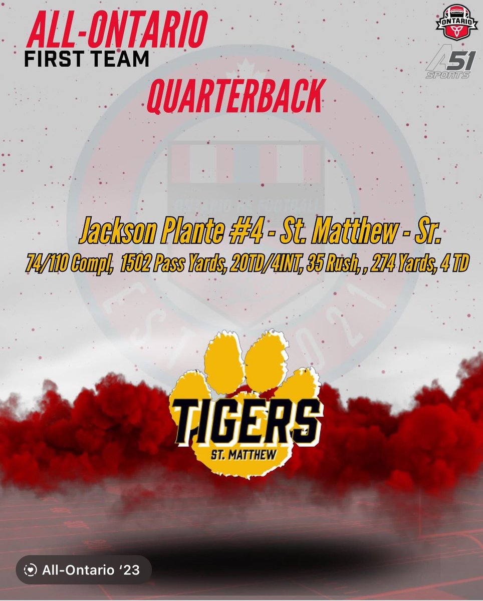 @jackson.plante is the ONLY First Team Ontario QB @onhsfball @ottawahsfootball @stmtigersfb @coach_covey So proud, what an accomplishment ! Hard work pays off.