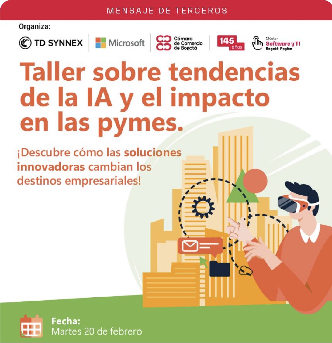 AndresCarboA's tweet image. #ClusterSoftware @camaracomerbog los invitamos a este taller para descubrir  el potencial de la Inteligencia Artificial para su negocio. “Taller de tendencias de IA” #TeSolucionamos ¡No te lo pierdas! 🚀💡Inscripciones aquí👉tinyurl.com/4wmrtcpk @MicrosoftLatam