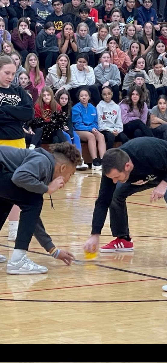 MrMacRaild's tweet photo. When you beat one of the top athletes in the school at HEAD, SHOULDERS, KNEES AND CUP in front of the whole school, you ride that high. #pepassembly #tomfoolery  #shenanigans https://t.co/3SlqvvjrCF