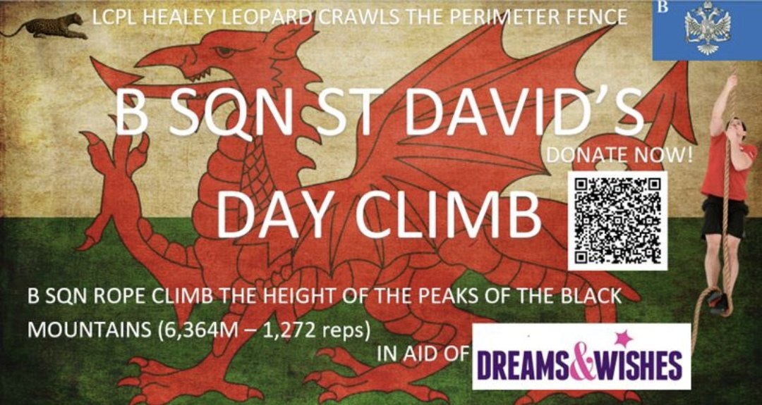 B SQN 🟦 @TheWelshCavalry will be rope climbing the height of the Black Mountains (6,364m) to raise money for @DreamsWishesOrg. To help us reach our goal, please donate in the link below. Thank you 🙏🏽