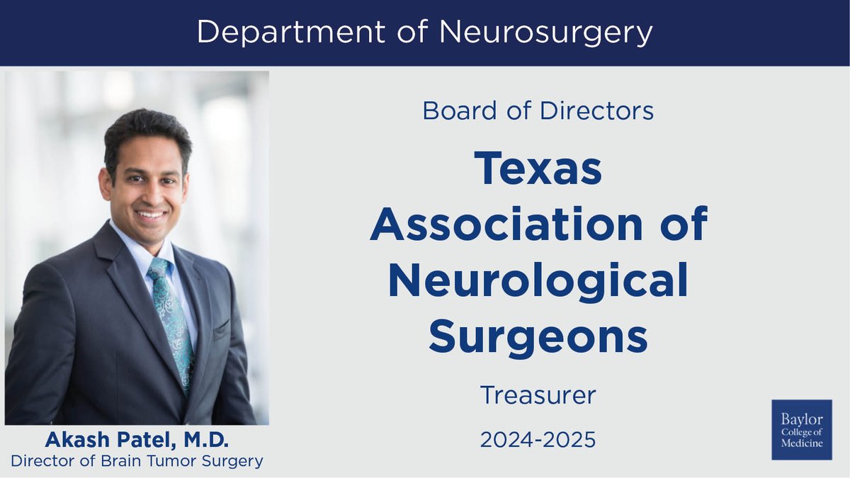 BCM Neurosurgery (@bcmneurosurgery) on Twitter photo Congratulations to #BCMNeurosurgery's own Dr. <a href="/akashjp330/">Akash Patel</a>, who has been named this year's <a href="/TXNeuroSurg/">Texas Association of Neurological Surgeons</a> Treasurer! We look forward to all that he and the #TANS Board of Directors will accomplish in the coming year. Congratulations to #BCMNeurosurgery's own Dr. <a href="/akashjp330/">Akash Patel</a>, who has been named this year's <a href="/TXNeuroSurg/">Texas Association of Neurological Surgeons</a> Treasurer! We look forward to all that he and the #TANS Board of Directors will accomplish in the coming year.