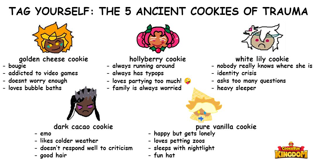 'but... it's just a fun game about Cookies'...  anyways tag yourself 🫠 

#cookierun #cookierunkingdom #crk #goldencheesecookie #hollyberrycookie #whitelilycookie #darkcacaocookie #purevanillacookie