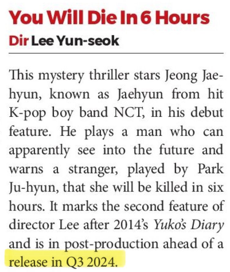 jaehyun_actor's tweet photo. <You Will Die in 6 Hours> is set for a 2024 Q3 release, anywhere from July to September of this year.

#JAEHYUN #재현 #6시간후너는죽는다 https://t.co/d6ao0mFsgk