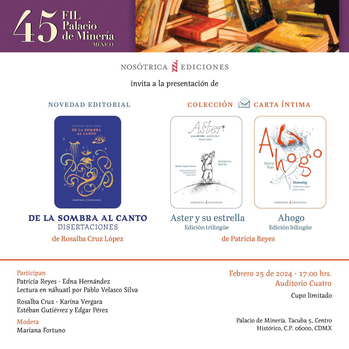 Cuyococuyo's tweet photo. Invitación oficial a la presentación de mi libro “De la Sombra al canto” con prólogo de mi querida Cynthia González Cárdenas y comentarios de mi querida Karina Vergara. Esto en la @FILMineria . 
También se presentará la bellísima colección “Cartas íntimas” de Patricia Reyes. https://t.co/e2OlTEhI6J