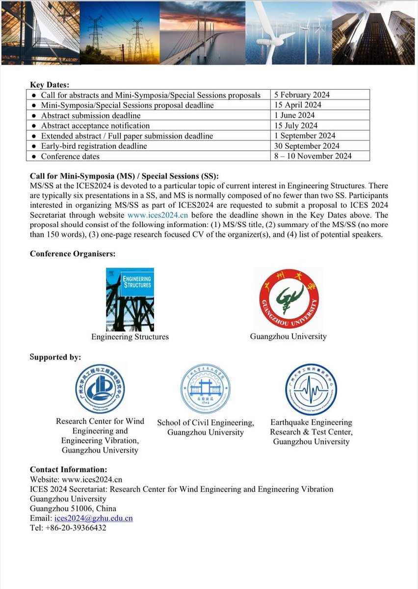 1st International Conference on Engineering Structures (ICES2024)
8 - 10 November 2024, Guangzhou, China