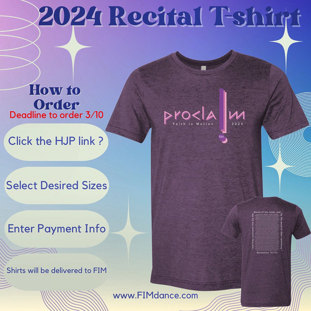 FIMDance's tweet photo. Hey FIM Family!

I’m so excited to unveil our recital T-shirt graphic for this year 🤗👕.

➡️ YES, we welcome you to order a shirt for ALL of your family members 😊

➡️ Don’t delay…Deadline to place your order is March 10, 2024⏰

https://t.co/sWNfSEqyGZ

#fimdance https://t.co/yT4zsJ6hGP